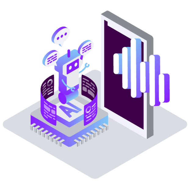 Illustration of a robot representing AI and several floating icons that represent various aspects of voice communication in business.
