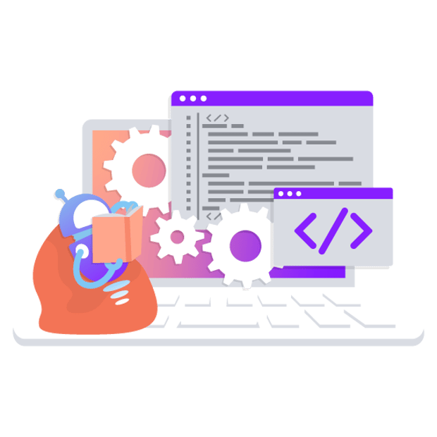 API SEO Knowledge Base Software Blog Header Illustration of a robot reading a book. Beside the robot are icons representing data, search functions, etc. as part of a knowledge base.