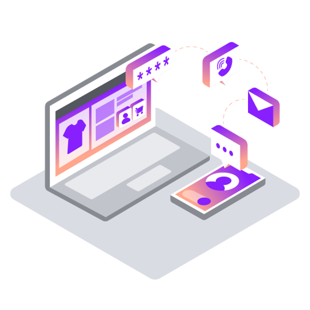 API SEO Merchant Verification Blog Header Illustration of a laptop showing an ecommerce scene on the screen. Beside the laptop are a cell phone and icons showing various communication channels.