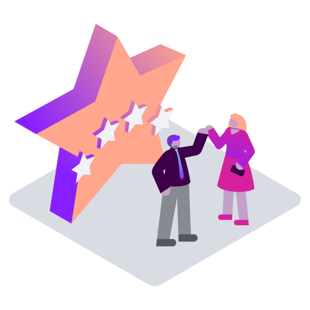 Apps SEO CEM Blog Header Illustration of a female customer and a male business owner fist-bumping in front of a giant star, with four smaller stars forming an arch in front of it.