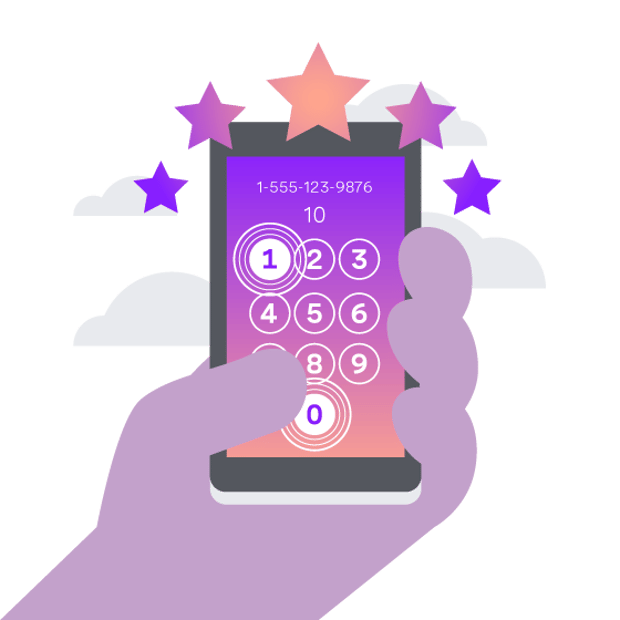 Illustration of a hand holding a cell phone. On the screen is a keypad showing certain numbers being selected for a survey question. Above the phone float five stars.