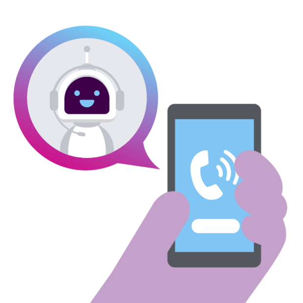 Illustration of a hand holding a cell phone. On the screen we see the symbol for an ongoing phone call conversation. A callout from the phone shows a robot wearing a headset.