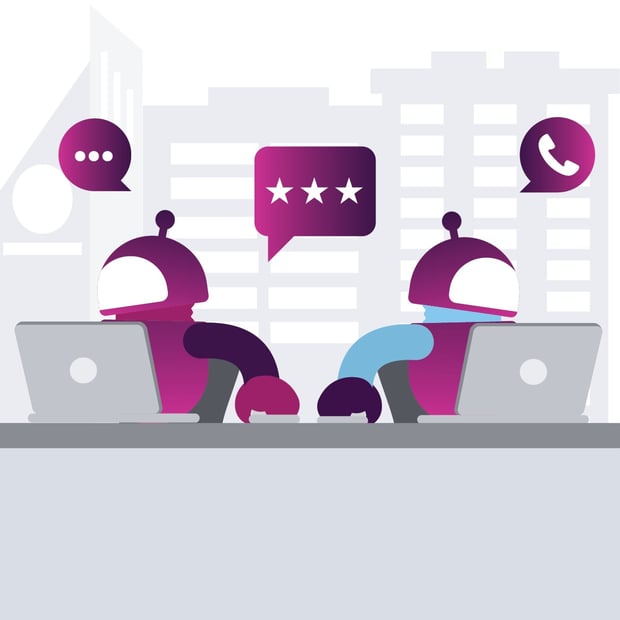 Illustration of two robots sitting behind a desk working on laptops. Icons representing phone calls, texts, and emails float above them.