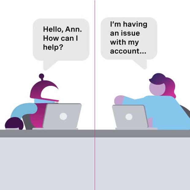Illustration of a "robot" agent and a customer engaging in a service conversation.