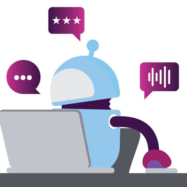 Illustration of an AI "bot" sitting behind a laptop. Icons representing communications channels float above the bot.