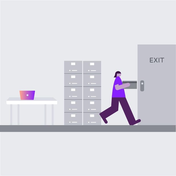 Apps SEO Attrition Rate Blog Header Illustration of an employee carrying a box of their belongings out of an office
