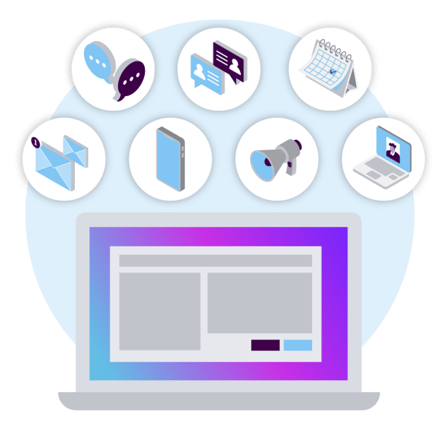 Illustration of a laptop, showing the screen straight on at desk level. Above the laptop float several icons representing different communication channels and work tools, including email, chat, video, notifications, and more.