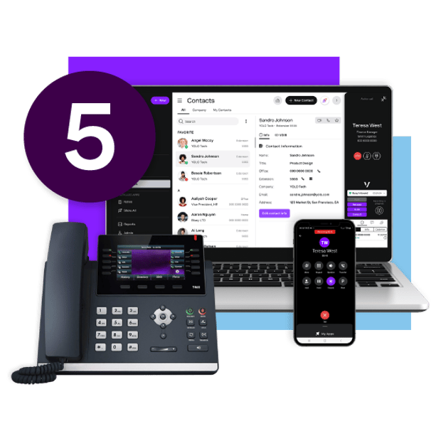 photo montage combining a desk phone, mobile phone, and laptop. The laptop screen shows an employee's contacts and an ongoing customer conversation. To the left is a large 5 in a circle, representing the five UCaaS trends .