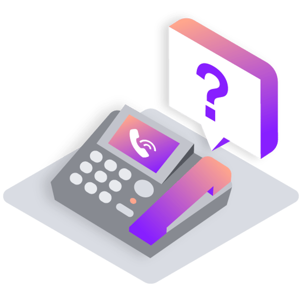 Illustration of a desktop phone, with an icon on the video screen showing an icon representing an ongoing call. A callout contains a large question mark.