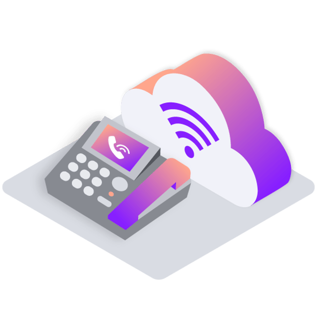 Illustration of a desk phone, with an icon representing an ongoing call on the screen. Behind the phone is a cloud icon. 