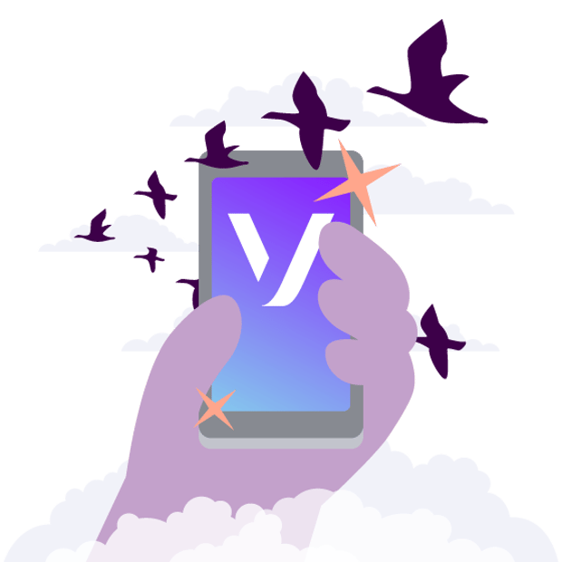 Illustration of a hand holding a cell phone, with a Vonage "V" logo on the screen. Clouds can be seen at the bottom of the frame and a V-shaped flock of birds flies across the frame.