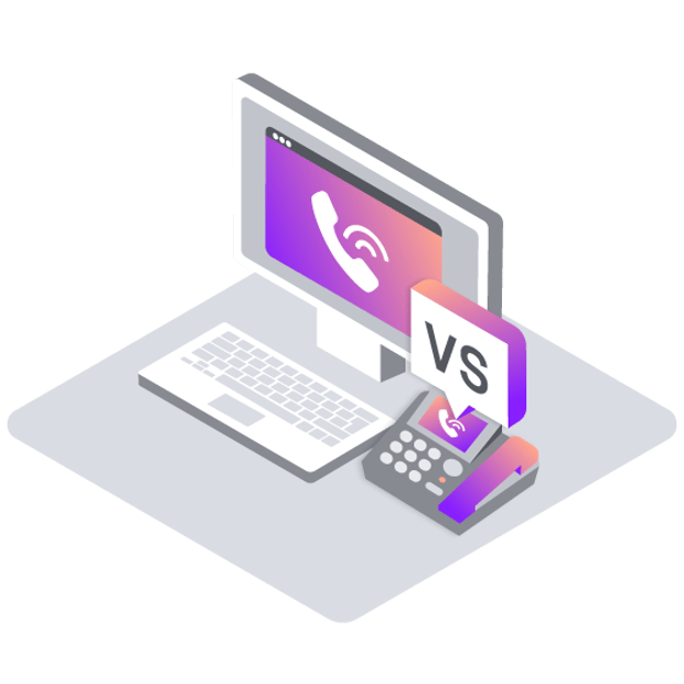 Illustration of a laptop sitting beside a desktop phone. Between them is a callout saying VS.  Both the computer screen and the  phone screen indicate an ongoing call.