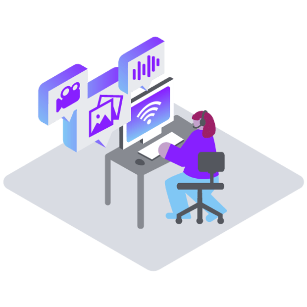 Illustration of a contact center agent wearing a headset and working at their computer. Icon callouts from the screen represent texts, as well as calls, video, and images.