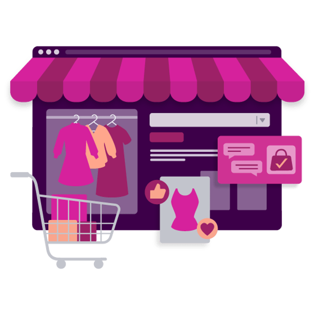 Illustration of a store front, including a cart, clothes on a rack, and icons representing online shopping and customer-business conversations.