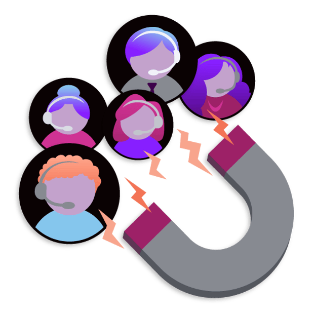 Illustration of a magnet attracting icons representing contact center agents