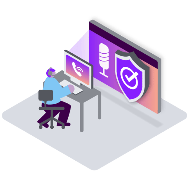 Illustration of a call center agent with an icon representing an ongoing call on the computer monitor in front of him. A callout behind the monitor shows that the call is being recorded and that it is being checked for performance quality and compliance.