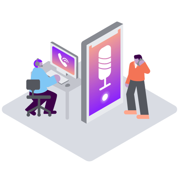 Illustration showing two people. One is a contact center agent sitting at a desk,  wearing a headset and engaged in a phone call. The other is a customer, standing in front of an oversized cell phone. On the screen is a microphone icon.
