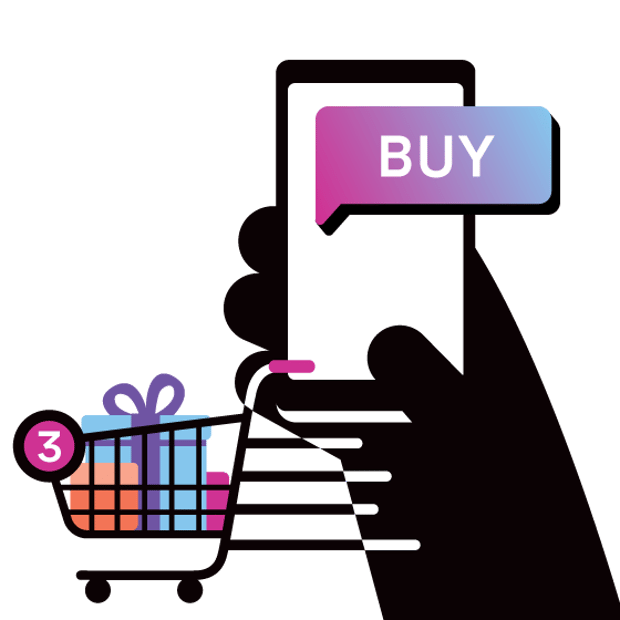 Benefits-of-Generative-AI-ConvCom-Blog.png Image of shopping cart, with a hand holding a smart phone. The phone displays a chat button that reads, "BUY."