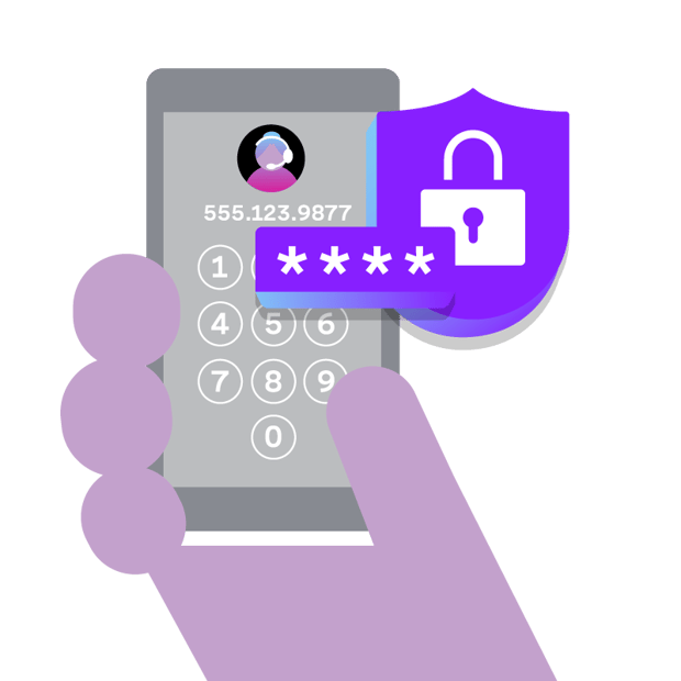 CC Spam Call Blog Header Illustration of a hand holding a cell phone. On the screen is the number pad with a generic number displayed at the top. In front of the phone is an icon representing security and fraud.