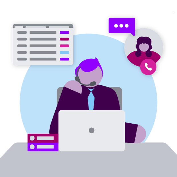 Illustration of a contact center agent conducting a conversation with a customers, who is seen in a bubble above the agent.