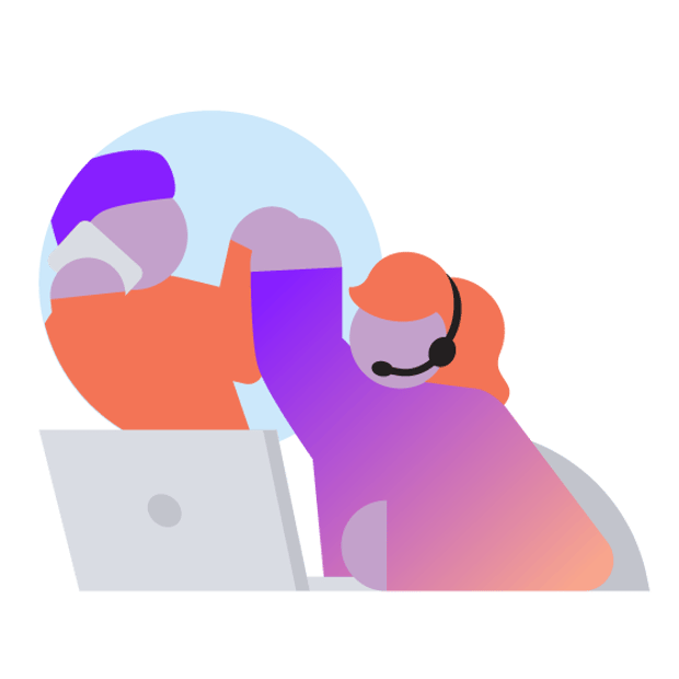 CC SEO CC Automation Blog Header Illustration of a contact center agent wearing a headset and sitting in front of their laptop. The agent is "high-fiving" a customer who can be seen through an imaginary portal.