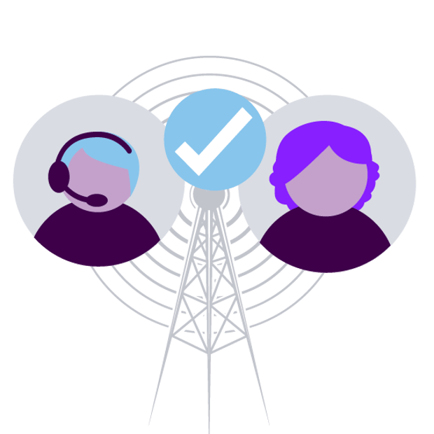 Illustration of an agent and a customer, with a check mark in between them. In the background is a tower with lines emanating from it representing communications.