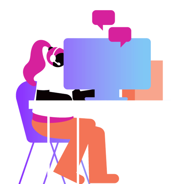 Illustration of a female call center agent facing a computer monitor and wearing a phone headset. Floating above the monitor are voice bubbles indicating a conversation.