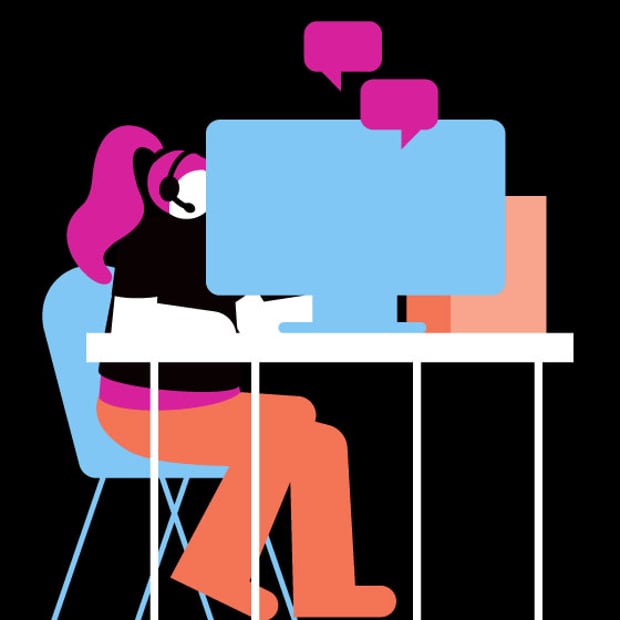Illustration of a call center agent with a headset and sitting in front of a desktop computer.  Speech bubble icons represent a conversation.