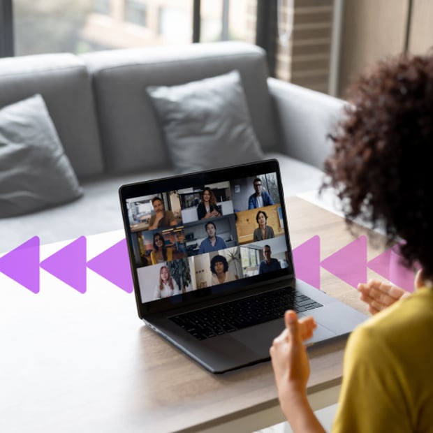 Photo illustration of a woman on a video call; she is facing away from the viewer and looking at a laptop that has a video conference on it showing 9 participants