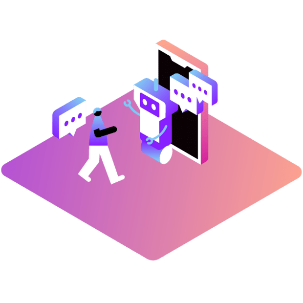 Illustration of a person walking towards a robot standing in front of a large, upright mobile phone with 2 chat bubbles displayed on the phone screen; to the left of the person is another floating chat bubble to indicate that the person and the chatbot are having a conversation