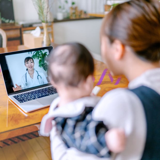 Patient Preferences telehealth Photoillustration of a woman holding a baby in her arms with her back to the viewer; the woman and the baby are blurred out; the woman is facing an open laptop screen with a female, Asian American doctor on screen wearing a stethoscope, indicating a telehealth appointment