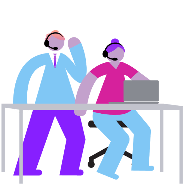 SEO CC Workforce Management Blog Header Illustration of a contact center agent at work with their computer and headset. Beside the agent, a supervisor is listening in on the call and coaching the agent.