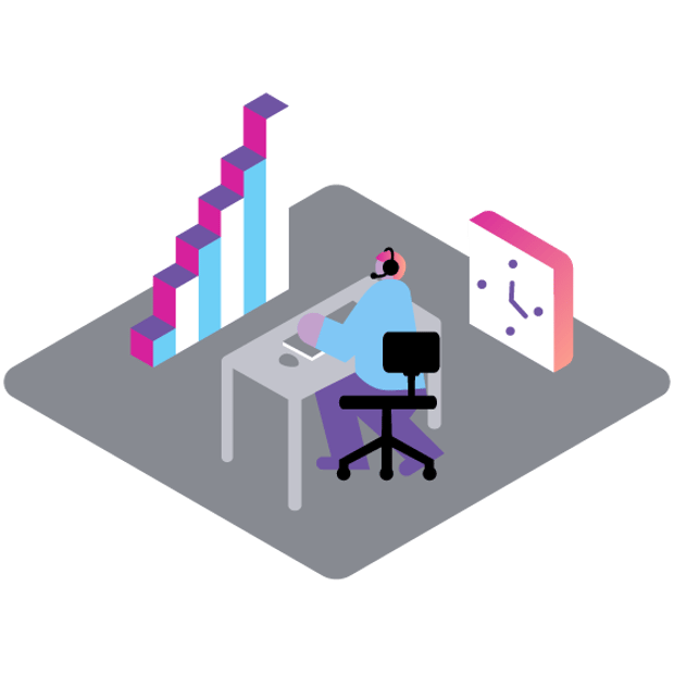 Illustration of a call center agent at work. Around the agent are icons representing efficiency and time savings and business growth.