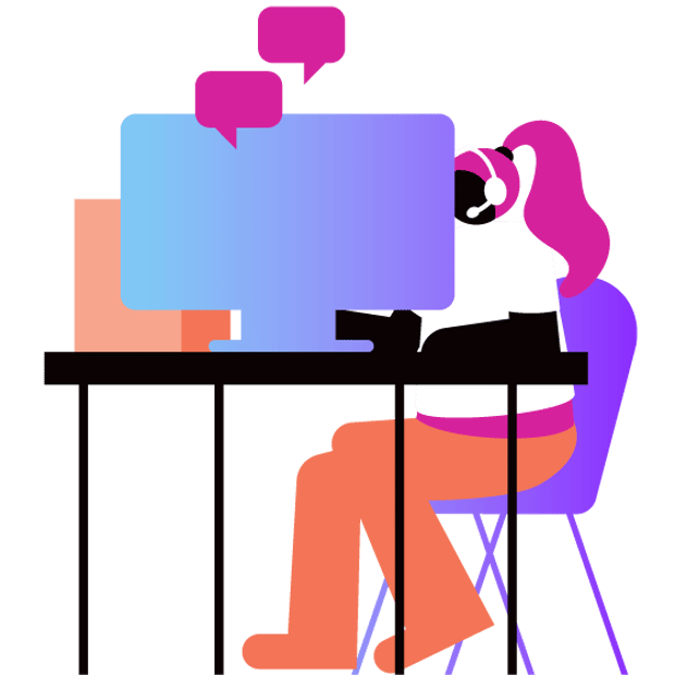 Illustration of a call center agent hard at work talking to customers on the phone and typing notes into a computer. Floating above the monitor are text bubbles representing valuable customer conversations.