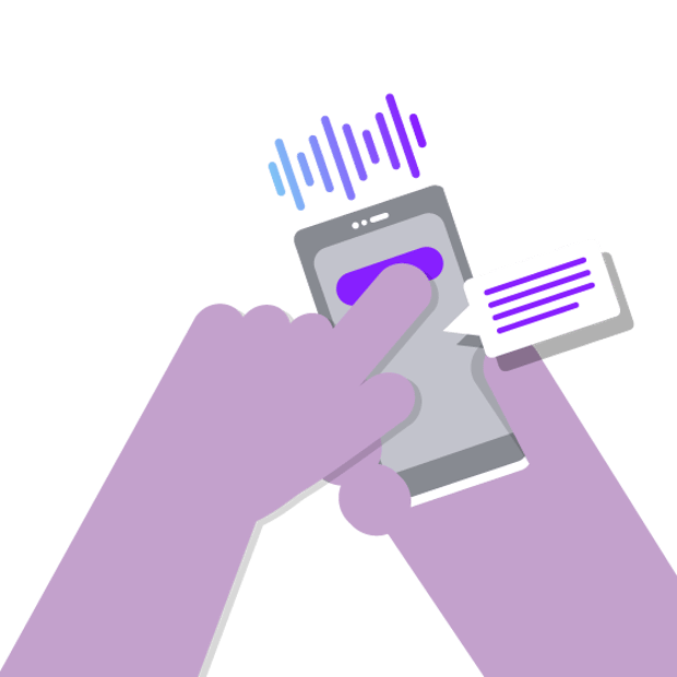 Text-to-Speech API Blog Header Illustration of two upraised hands, one holding a cell phone, the other one touching the screen to play a recording of a text message