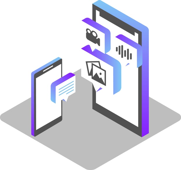 API SEO SMS vs. MMS Blog Header Illustration of two cell phones. One is smaller and has a text icon floating in front of it. The other is larger and has icons representing multimedia — video, images, voice, etc.
