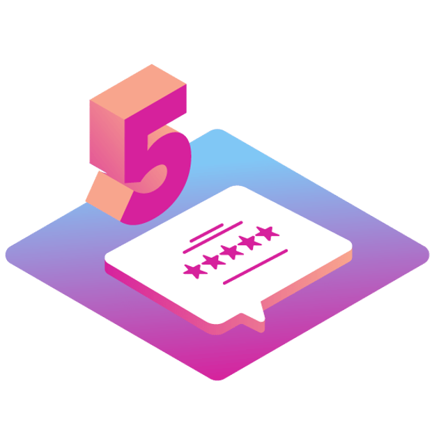 Top 5 Customer Communication Pain Points Image of a large hot pink and orange 5; below the number 5 is a chat bubble with five stars on it reflecting as 5-star review