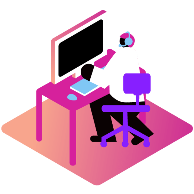 Illustration of a call center agent at work in front of a computer, talking into a headset to a customer.