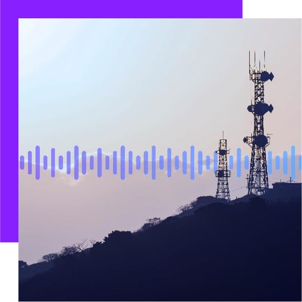 Photo of cell towers and communications towers in the evening silhouetted against the sky. In the background, a series of vertical purple lines runs across the frame.
