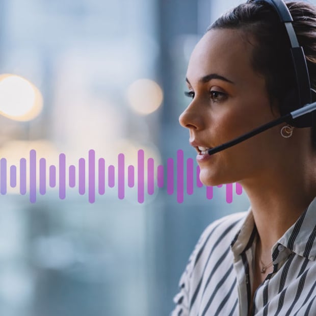 UC Digital Transformation Blog Header Photo of an agent or employee talking to a customer via her headset. In the background are stylized wavelength illustrations representing digital communications.