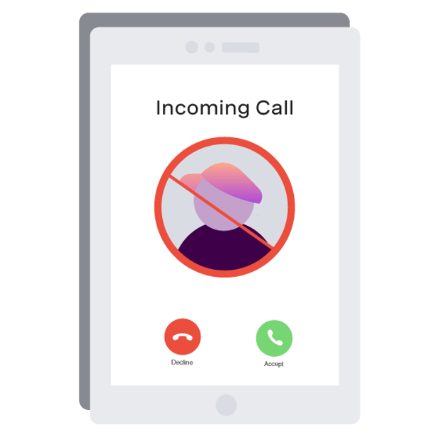 VBC Call Blocking LP Header Illustration of a cell phone. On the top of the screen, it says Incoming Call. Under that is an icon of a headshot with a line through it, with Decline or Accept buttons.