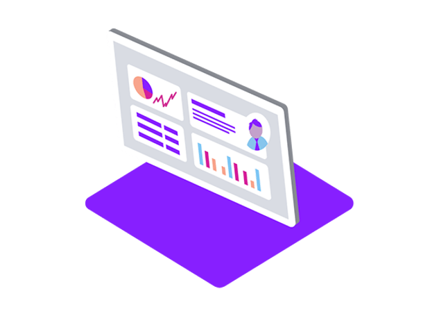 Illustration of a data card showing various charts and information fields about the customer's activity history with a business.