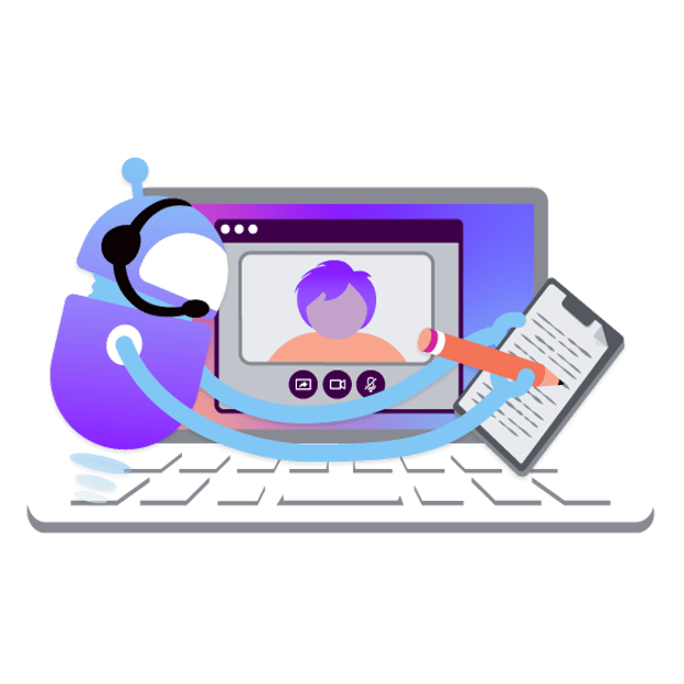 An illustration showing a robot with a headset listening to a virtual meeting