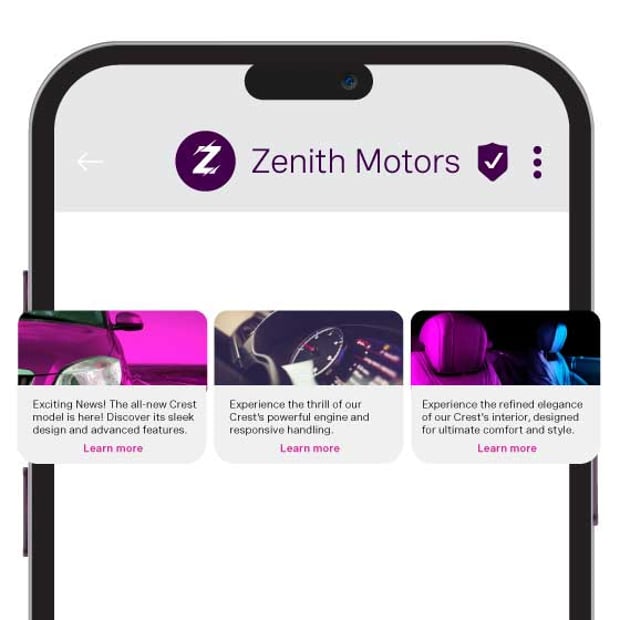 RCS vs. SMS blog This image features a screenshot of a RCS message for a fictional company Zenith Motors