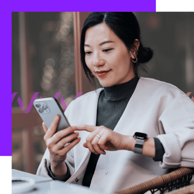 Hero image of a woman using phone with design treatment
