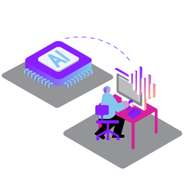Illustration of a contact center agent at work in front of their computer. To the left is an icon representing AI, with a dotted line connecting it to the computer.