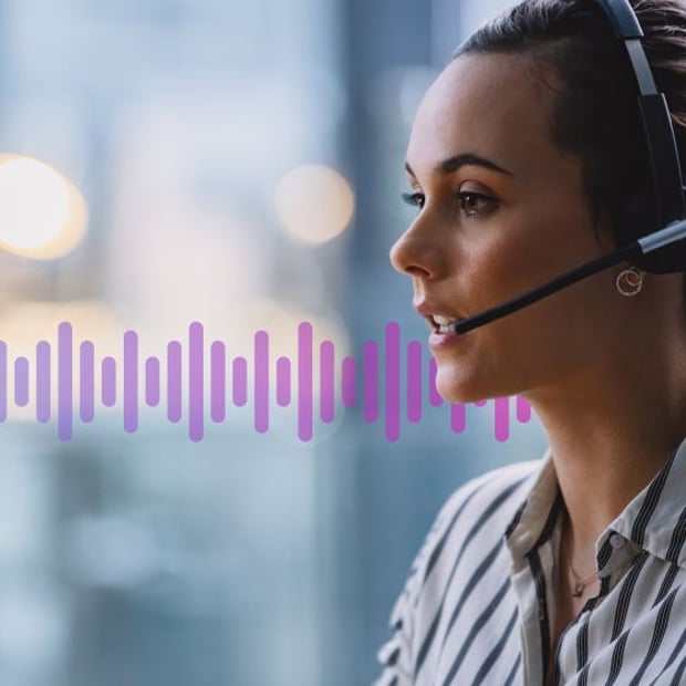 Photo of contact center agent talking into her headset to a customer. In the background are purple gradient wave representing communication.