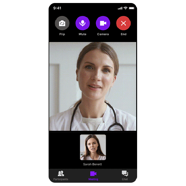 Animation of video call between a doctor and patient on a mobile device.