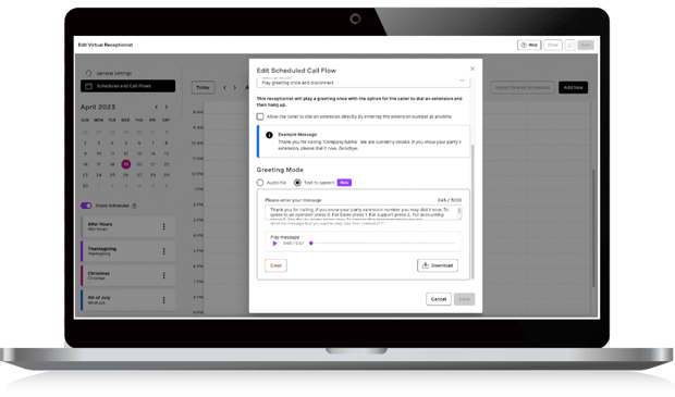 Virtual Receptionist Call flow toggle screenshot on laptop