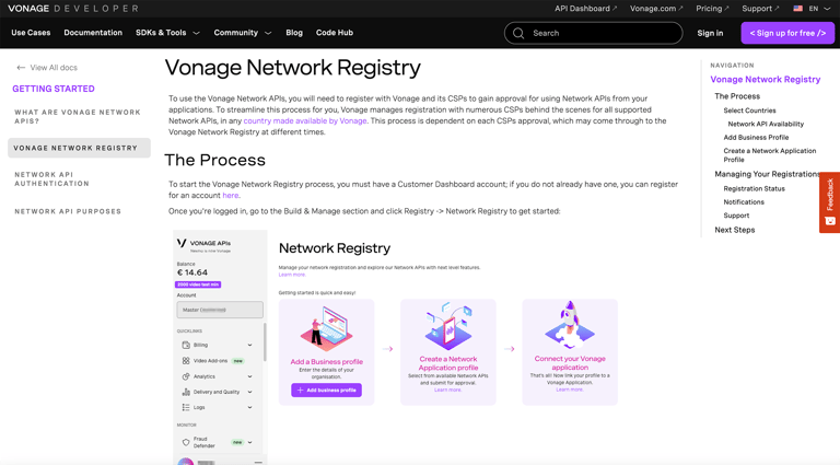 Screenshot of the Vonage Network registry page for use in GNP article